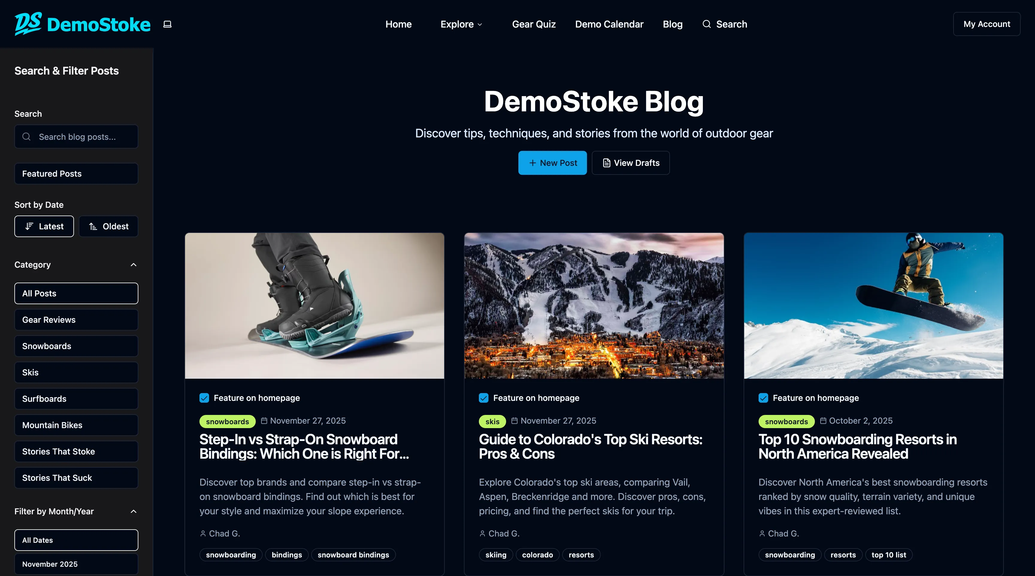 Blog home with drafts and published posts