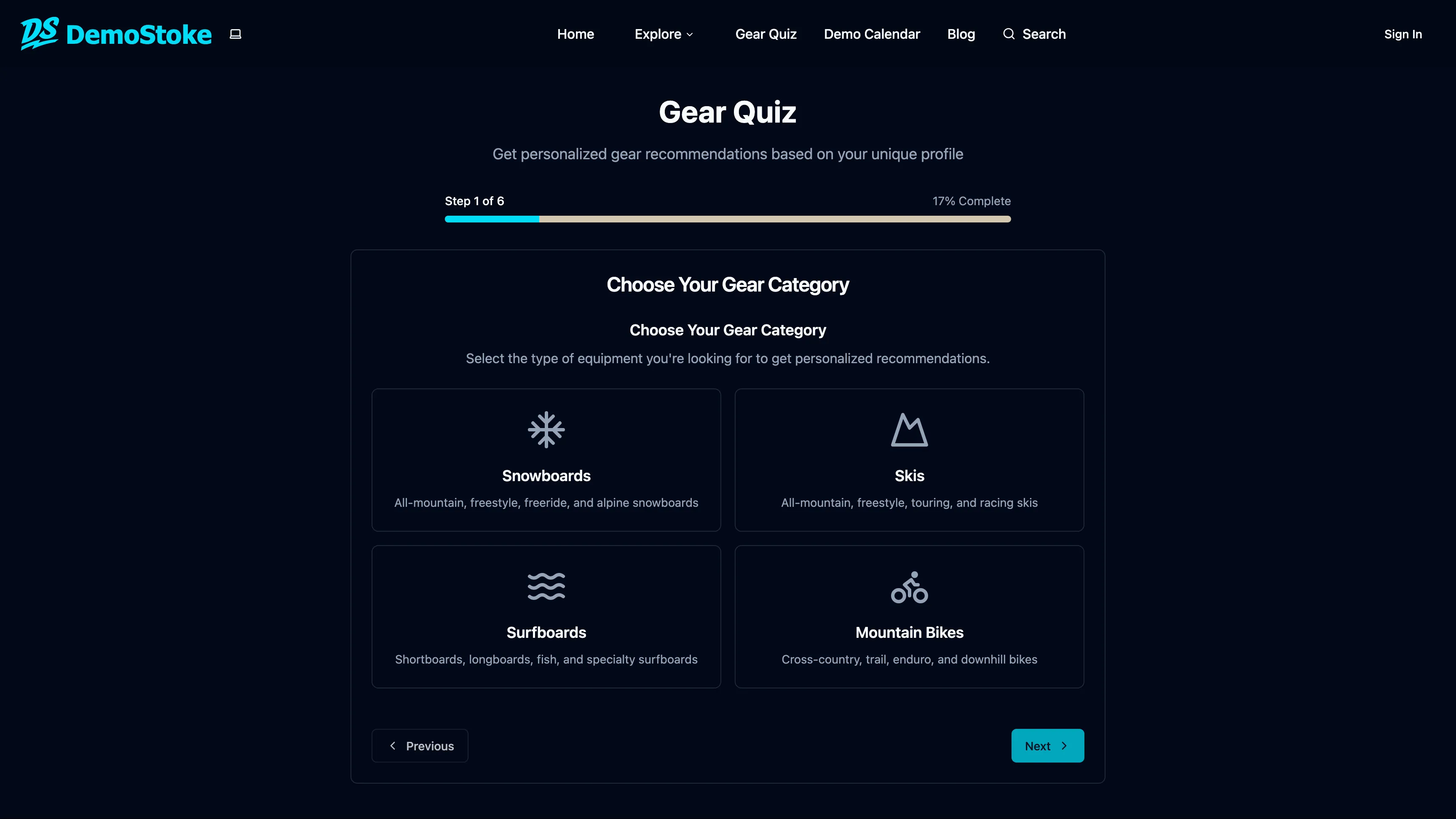 DemoStoke gear quiz flow