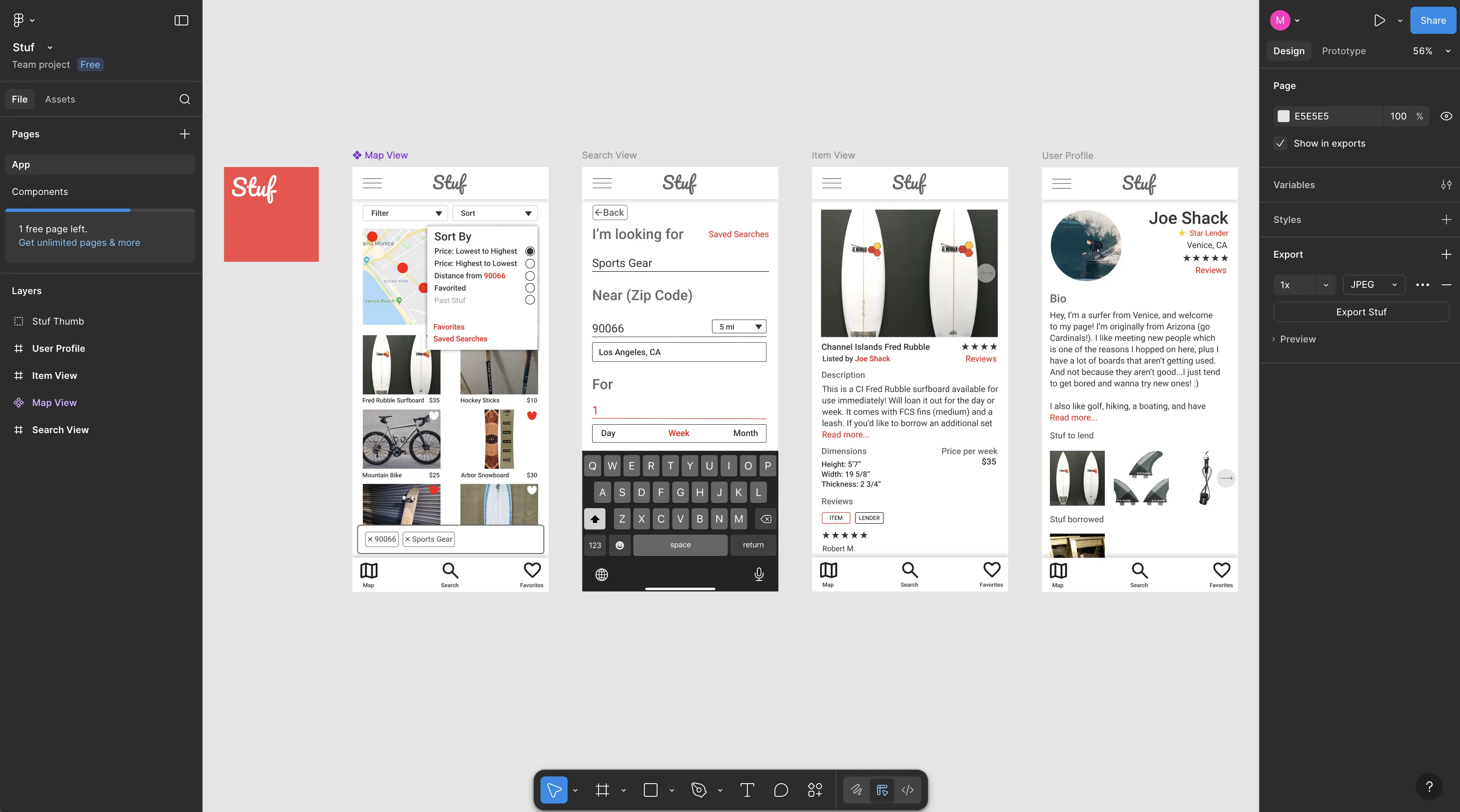 Early Stuf peer-to-peer gear lending concepts in Figma