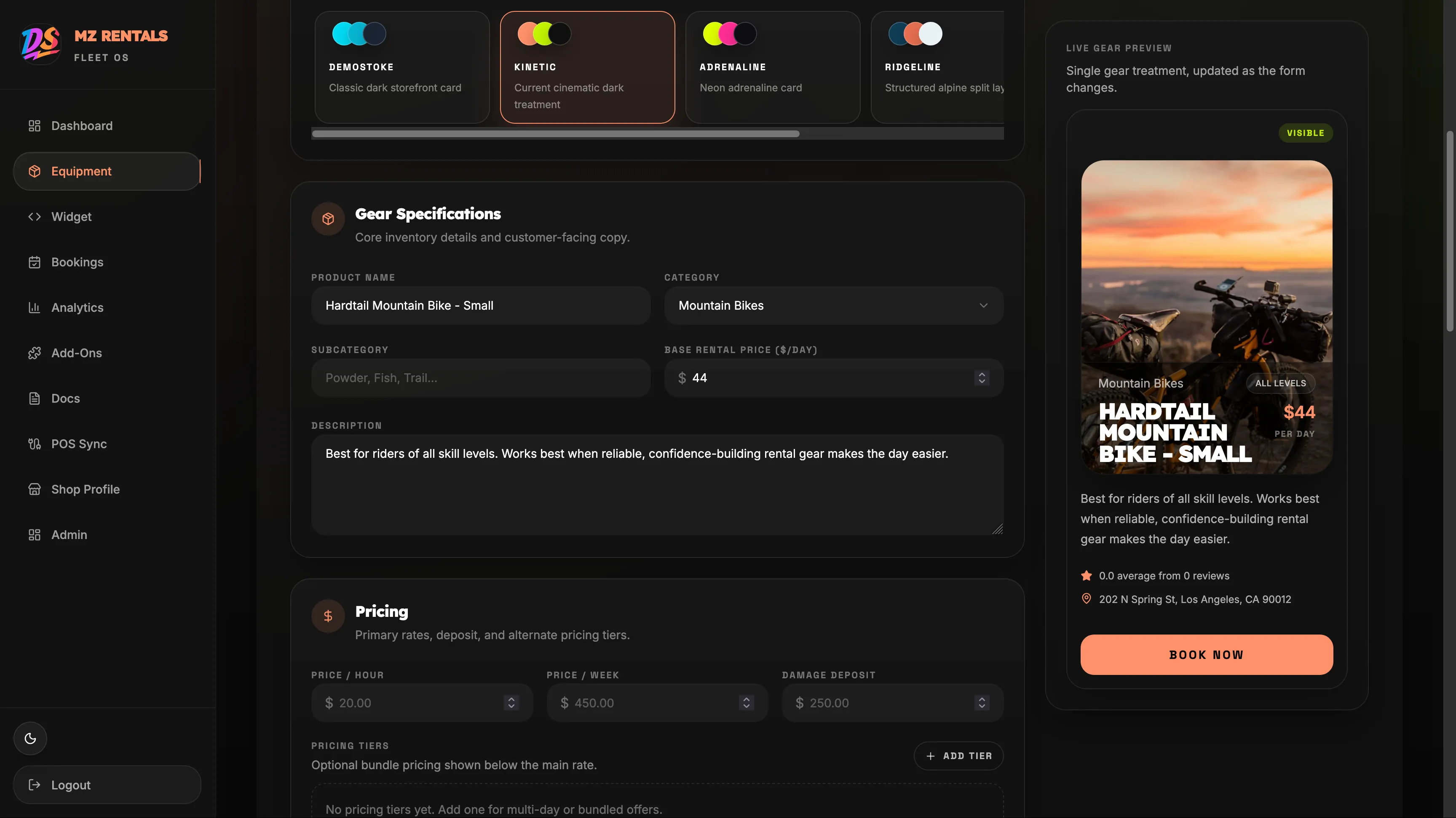 DemoStoke Fleet Ops gear edit form with widget preview