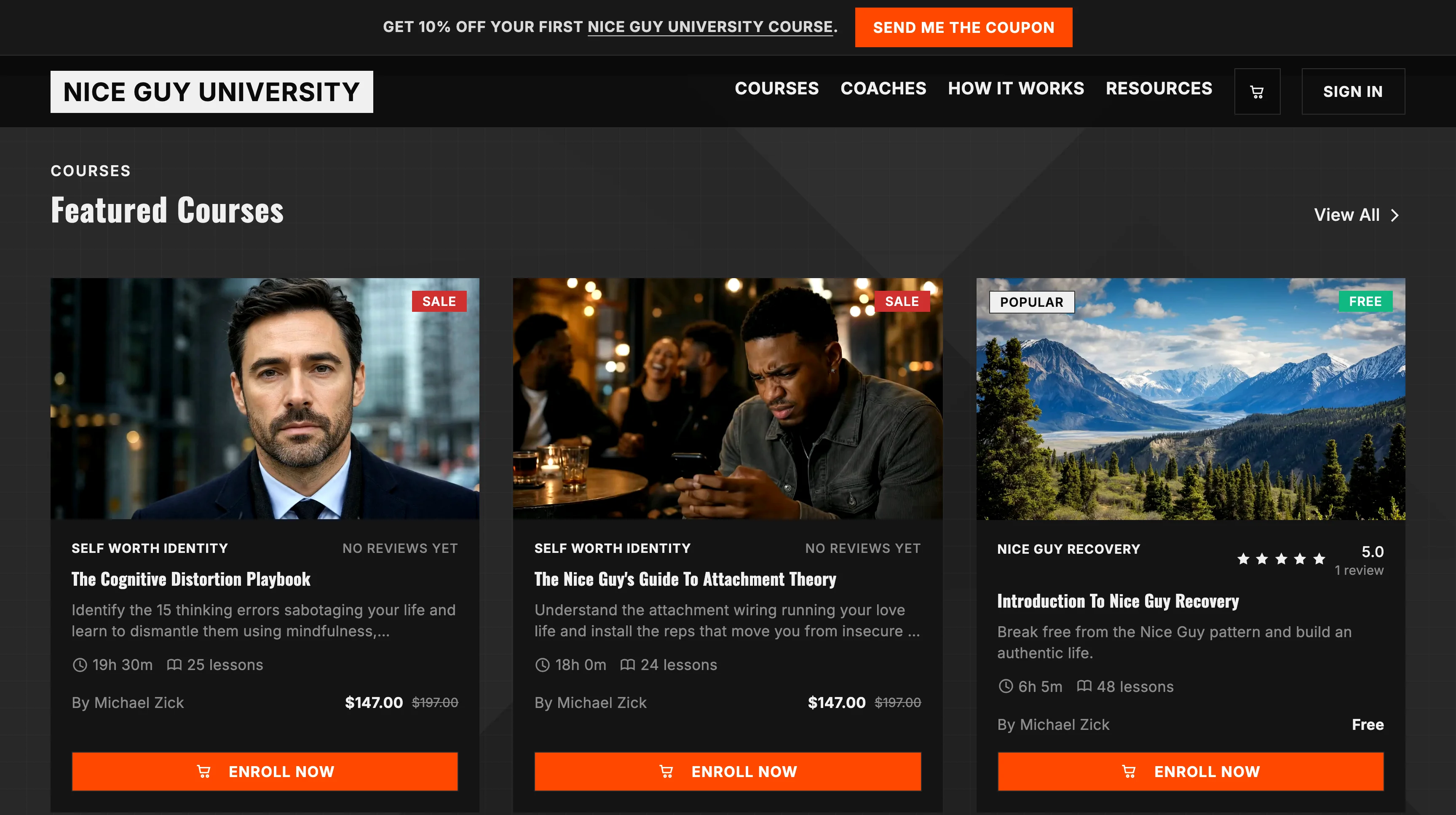 Nice Guy University featured courses on the homepage with pricing and enroll buttons
