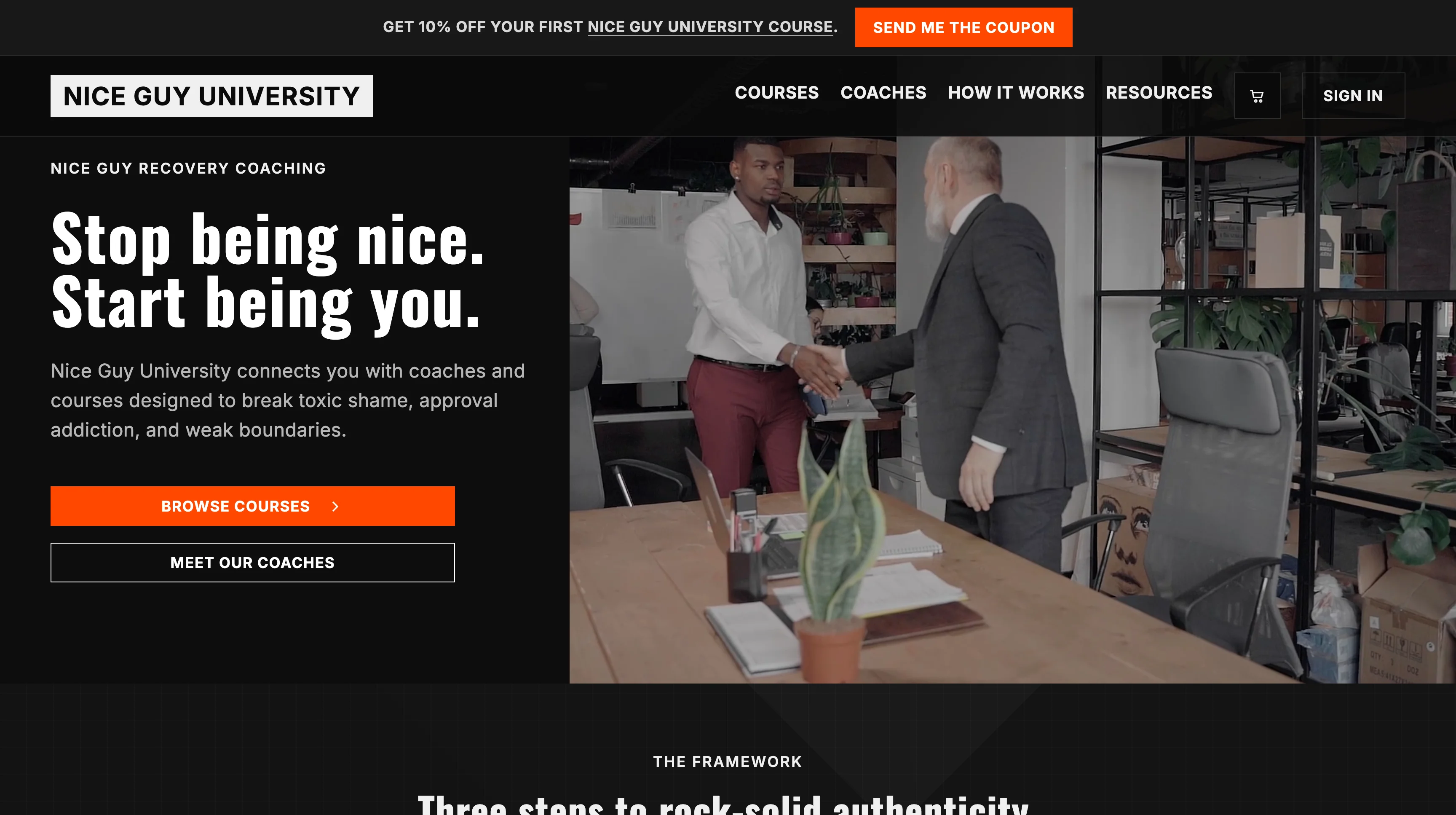 Nice Guy University homepage with hero and calls to action