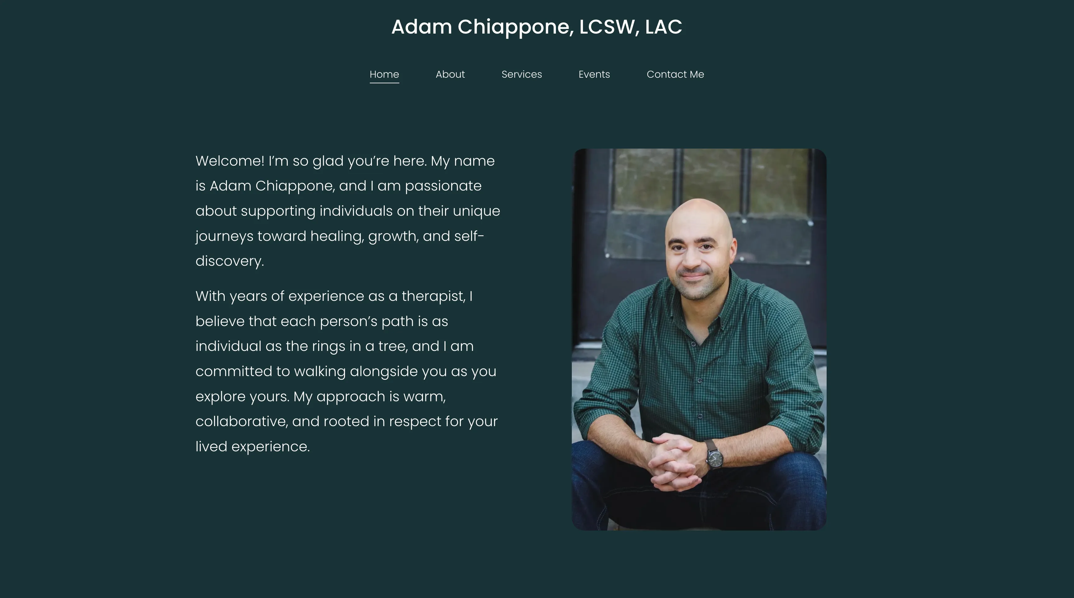 About section with philosophy and CTA