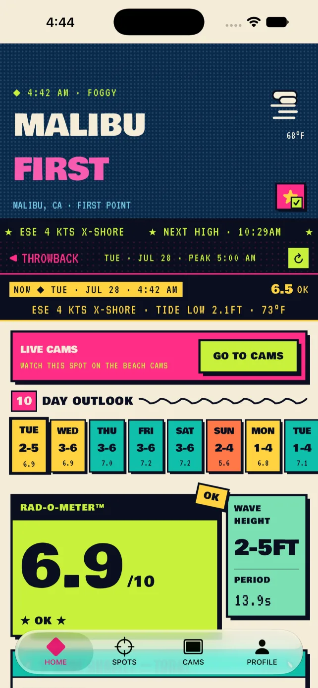 Riptyde home screen with RAD-O-METER™ score and ten-day outlook